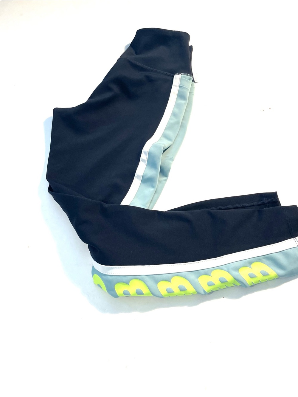 New Balance Black Leggings with Light Blue Panels and Neon Yellow Logo Accents